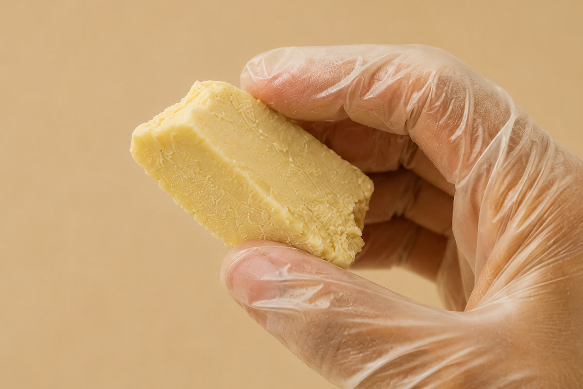 A gloved hand holding a single bar of raw unrefined shea butter, close enough to see the grain